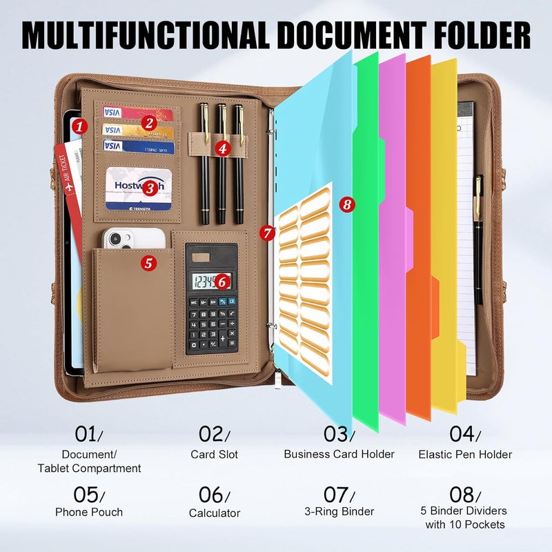 NATISERAUM Portfolio Binder - 3 Ring Binder with Handle, Vegan Leather Business Padfolio Folder with Notepad, Includes 5 Dividers with 10 Pockets for Documents Files - Image 2